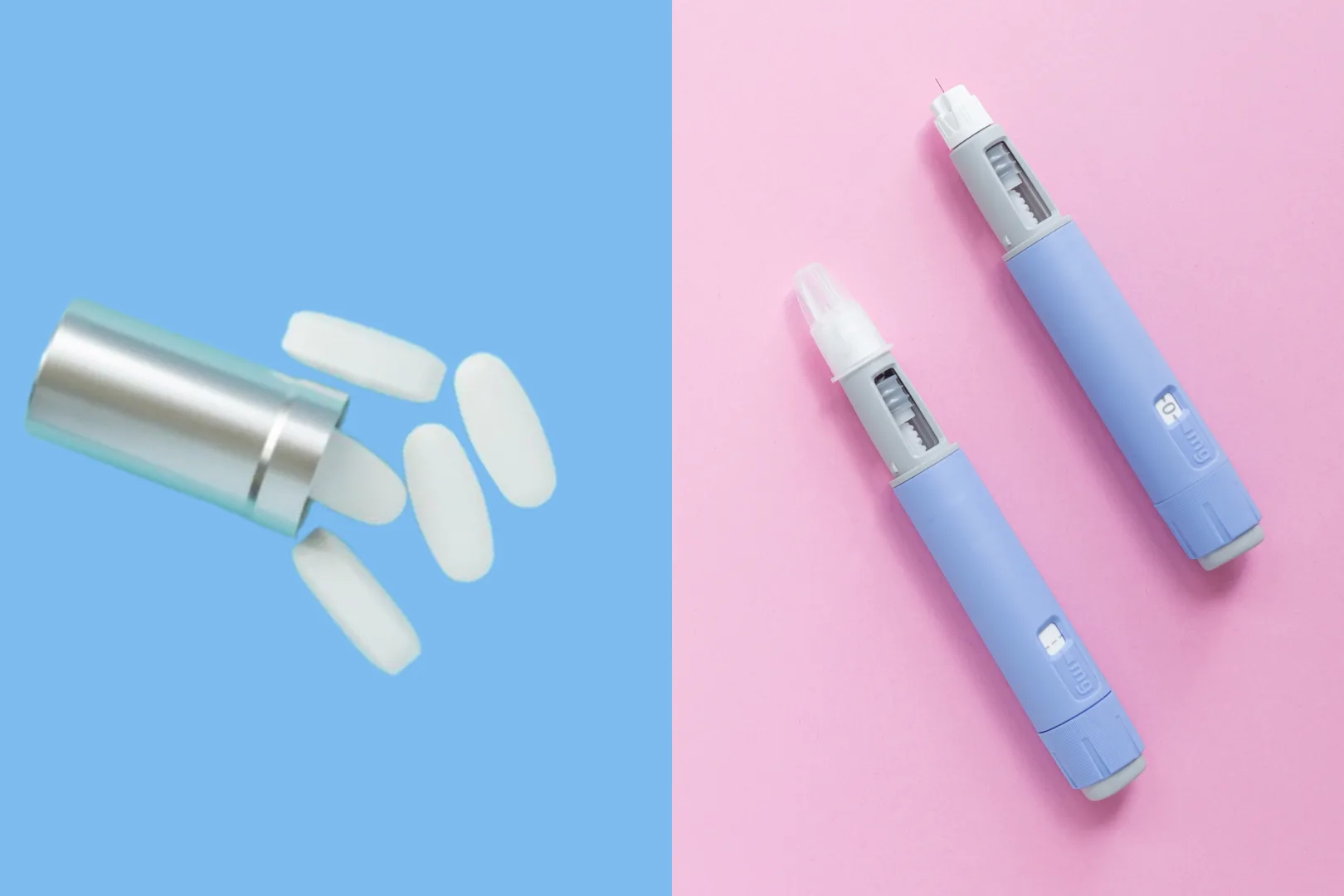 Visual comparison of Ozempic insulin pens and Adderall pills, representing their use in managing diabetes and ADHD together.