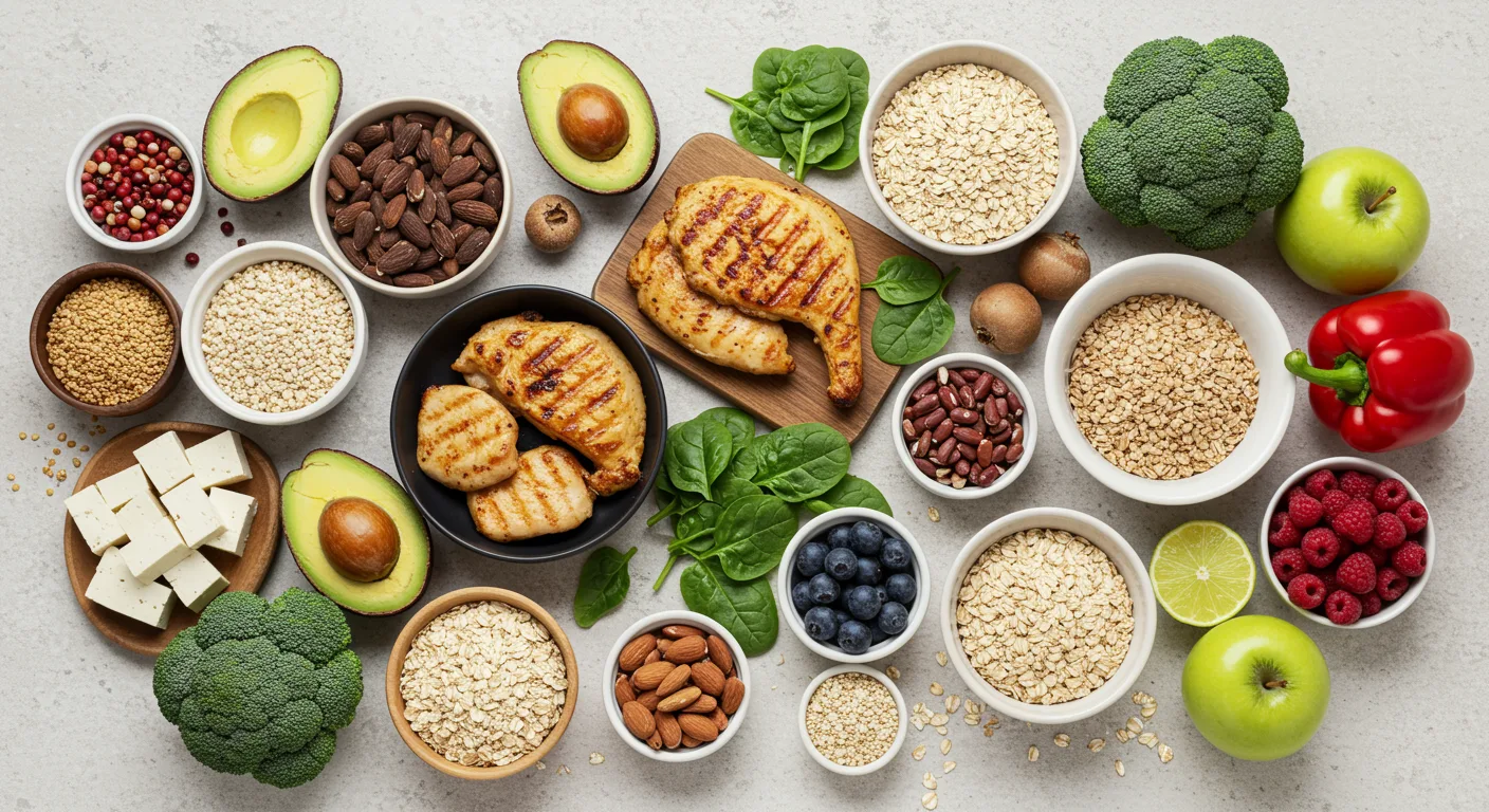 Healthy foods for Zepbound diet including lean proteins, whole grains, fruits, and vegetables arranged on a clean table