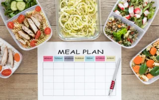 High‑protein Ozempic meal plan with balanced portions of lean protein, vegetables, and whole foods arranged for weekly meal preparation
